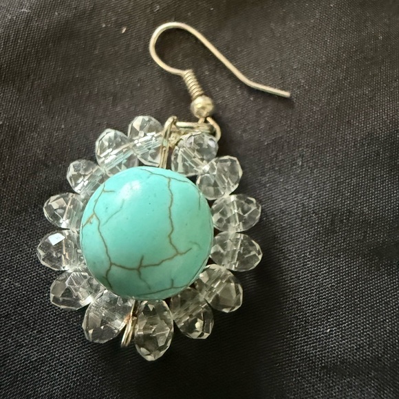 Turquoise and silver plastic bead costume earrings pierced - Picture 2 of 2